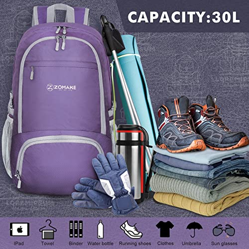 ZOMAKE Lightweight Packable Backpack 30L - Foldable Hiking Backpacks Water Resistant Compact Folding Daypack for Travel(Purple) - color: Purple