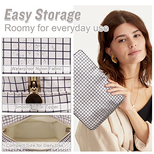Nylon Large Checkered Makeup Bag Travel Pouch for Women, Big Preppy Makeup Bag Cute Cosmetic Zipper Pouch Purse,Waterproof Toiletry Bag Clutch Makeup Brush Organizer Pouch for Ladies Girls(Checkered) - color: Checkered, size: Large