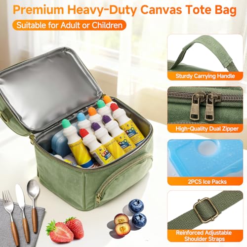 Waxed Canvas Lunch Bag with 2 XL Ice Packs, Canvas Lunch Box, Lunch Cooler for Men Work, 10.5L 2 Compartments Insulated Leakproof Cooler Bags for Camping, Beach and Road Trips - color: London Green