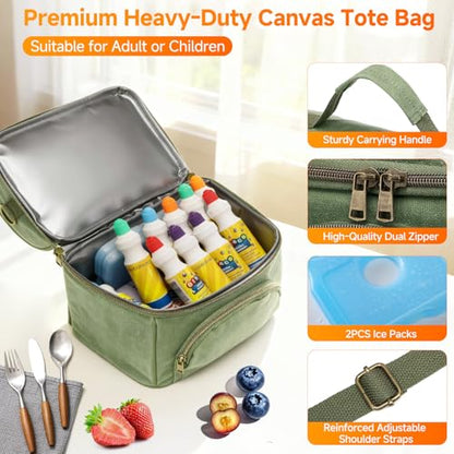 Waxed Canvas Lunch Bag with 2 XL Ice Packs, Canvas Lunch Box, Lunch Cooler for Men Work, 10.5L 2 Compartments Insulated Leakproof Cooler Bags for Camping, Beach and Road Trips - color: London Green
