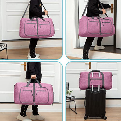Vomgomfom 65L/85L/115L Foldable Travel Duffle Bag, Lightweight Checked Luggage with Shoe Compartment, Water-Resistant Weekender Overnight Bag for Men & Women - color: J Light Purple, size: 85L