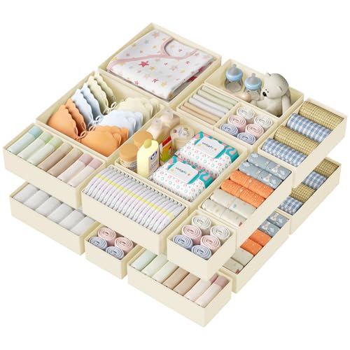 DIMJ Drawer Organizer Clothes - 20 Pack Closet Drawer Organizer Bins for Baby Clothes Storage, Fabric Dresser Organizer for Nursery Bedroom, Foldable Small Drawer Dividers for Underwear Socks - color: Beige, size: 20 Pack