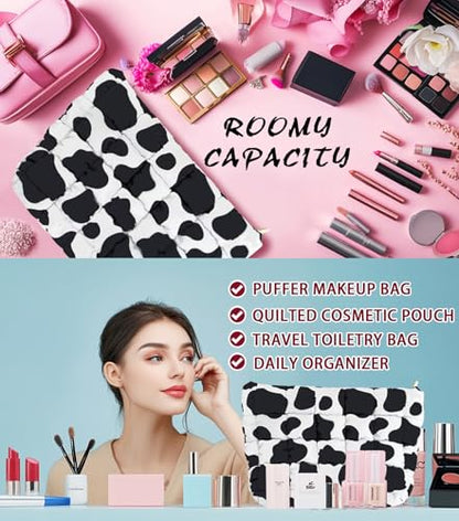 Puffy Quilted Makeup Bag, Cosmetic Bag, Travel Toiletry Organizer Pouch, Clutch for Women (Cow Print) - color: Cow Print