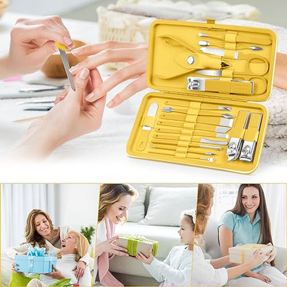 Teamkio 18pcs Manicure Set Pedicure Nail Clippers Set Travel Hygiene Kit Stainless Steel Professional Cutter Care Set Scissor Tweezers Knife Ear Pick Tools Grooming Kits with Leather Case(Yellow） - color: Yellow