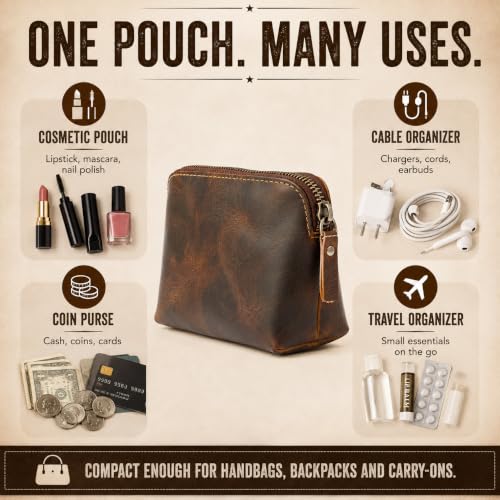 Full Grain Leather Cosmetic Bag – Zippered Makeup Pouch for Women, Small Travel Toiletry & Organizer Pouch for Purse, Premium Handmade Leather (5 × 4 × 2.5 in) - color: Brown