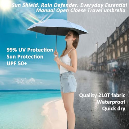 BAODINI Travel Essentials Mini Umbrella for Purse With Case Small Compact UV Sun Protection Lightweight Tiny Pocket Manual Open Close Umbrella for Women Kids and Men Fits Purse Backpack - color: C-1-Light Blue