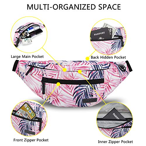 MAXTOP Large Crossbody Fanny Pack with 4-Zipper Pockets,Gifts for Enjoy Sports Festival Workout Traveling Running Casual Hands-Free Wallets Waist Pack Phone Bag Carrying All Phones - color: Pink Leaf, style: Large Fanny Pack(4 Zipper Pockets)