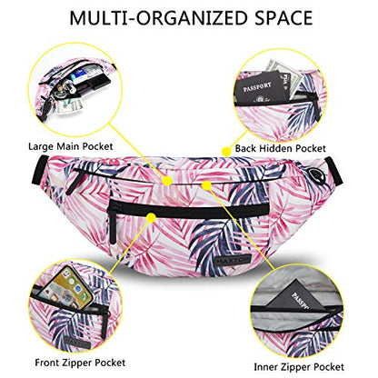 MAXTOP Large Crossbody Fanny Pack with 4-Zipper Pockets,Gifts for Enjoy Sports Festival Workout Traveling Running Casual Hands-Free Wallets Waist Pack Phone Bag Carrying All Phones - color: Pink Leaf, style: Large Fanny Pack(4 Zipper Pockets)