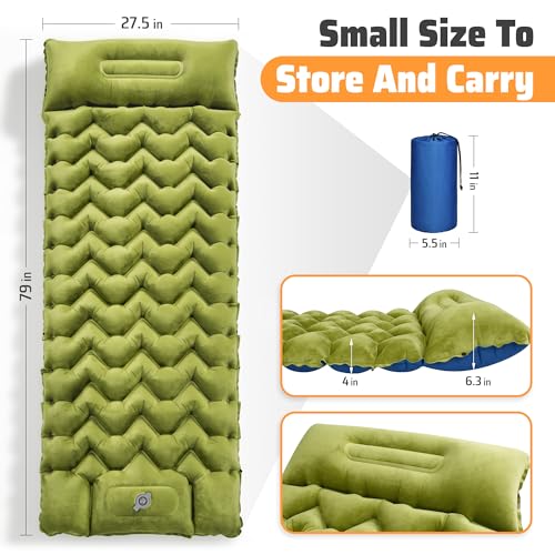 Camping Sleeping Pad, 4in Extra-Thick Inflatable Sleep Mat with Built-in Foot Pump & Pillow, Compact Camp Air Mattress for Backpacking, Hiking, Tent, Car, Travel Gear - color: Crystal Velvet Green+blue Nylon