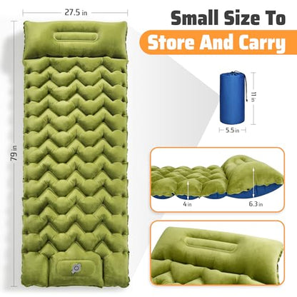Camping Sleeping Pad, 4in Extra-Thick Inflatable Sleep Mat with Built-in Foot Pump & Pillow, Compact Camp Air Mattress for Backpacking, Hiking, Tent, Car, Travel Gear - color: Crystal Velvet Green+blue Nylon