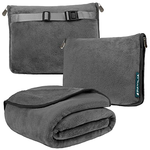PAVILIA Travel Blanket Pillow, Soft Airplane Blanket 2-in-1 Combo Set, Plane Blanket Compact Packable, Flight Essentials Car Pillow, Travelers Gifts Accessories, Luggage Backpack Strap, 60x43 Gray - color: Gray