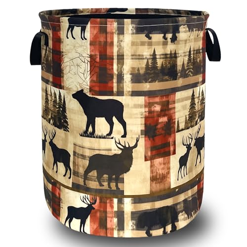 Vintage Forest Bear Laundry Basket Foldable Funny Animal Deers Laundry Hamper With Handle Oxford Cloth Portable Clothes Storage Basket Laundry Bag 18.9"x16.5" For Laundry Room/Bedroom/Bathrooms - color: Bear With Deers Retro Forest