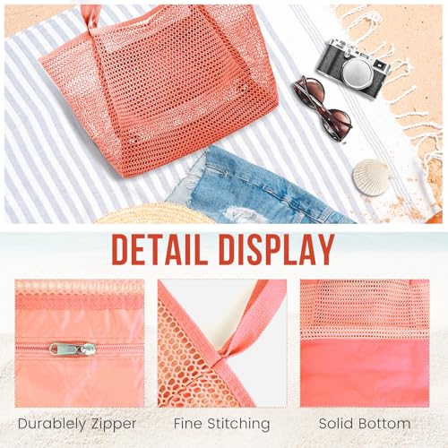 HOHOM Beach Bags for Women, Summer Travel Mesh Tote Bag with Large Inner Pocket, Sandproof Woven Shoulder Handbag - color: Spanish Red