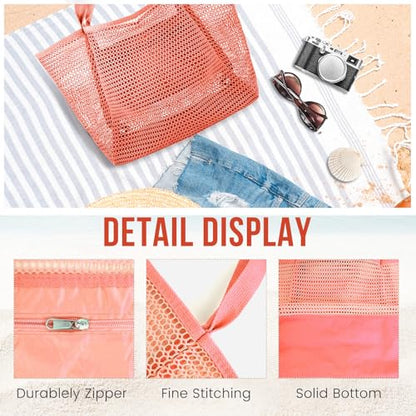 HOHOM Beach Bags for Women, Summer Travel Mesh Tote Bag with Large Inner Pocket, Sandproof Woven Shoulder Handbag - color: Spanish Red