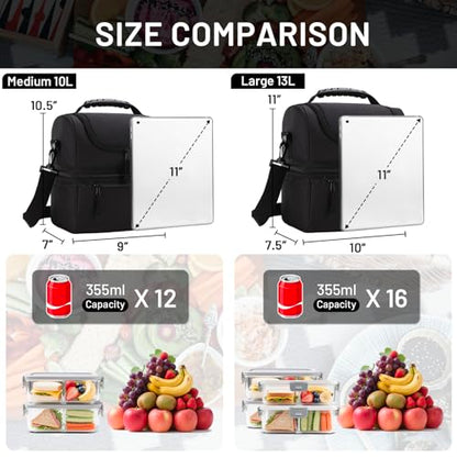 MIER Adult Lunch Box Insulated Lunch Bag Large Cooler Tote Bag for Men, Women, Double Deck Cooler(Black Large) - color: Black, size: Large
