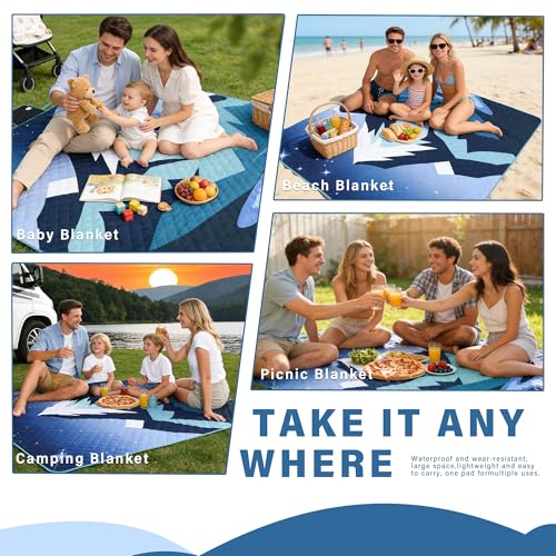 Tirrinia Picnic Blanket Waterproof, 70"x80" Extra Large Outdoor Blanket Waterproof, 3-Layer Foldable Picnic Mat with Sandproof Backing for Beach, Camping, Hiking, Park, Travel - color: Navy Mountain