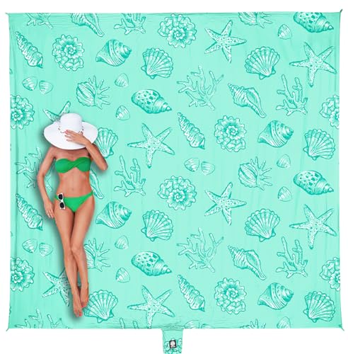 WEKAPO Beach Blanket Waterproof Sandproof Oversized, Extra Large Beach Mat Sand Free, Lightweight & Compact Sand Free Mat with 5 Stakes & 4 Corner Pockets - color: Turquoise Shells, size: 11 x 9 FT (1～9 person)
