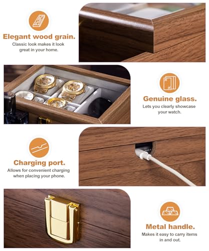 Homde Watch Box for Men Jewelry Organizer with Real Glass Watch Case for Ring, Bracelet, Watch, Necklace, Earrings, and Accessories