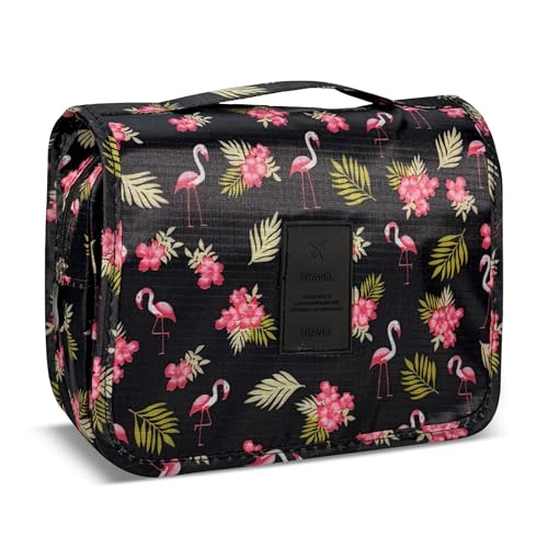 Portable Hanging Toiletry Bag for Travel,Small Multifunctional Makeup Cosmetic Bag for Women,Waterproof Travel Toiletries Organizer,Shower Bathroom Pouch with Hook for Gym,Camping - Black Flamingo - color: Black Flamingo