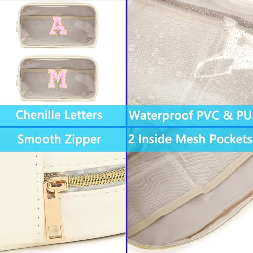 Fammart Clear Makeup Bag with 2 Customizable Chenille Letters - Waterproof PU Leather Cosmetic Case, Large Personalized Toiletry Pouch for Women & Teens, Ideal for Travel & Gift - color: Clear, Large - Beige