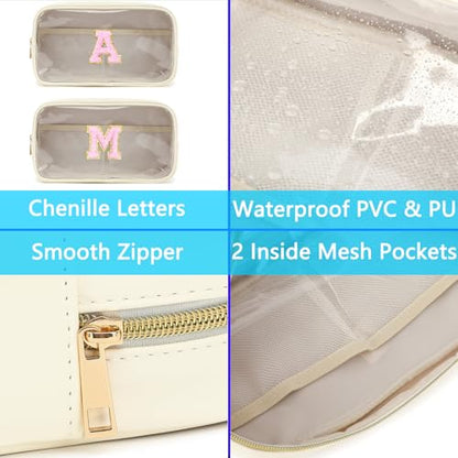 Fammart Clear Makeup Bag with 2 Customizable Chenille Letters - Waterproof PU Leather Cosmetic Case, Large Personalized Toiletry Pouch for Women & Teens, Ideal for Travel & Gift - color: Clear, Large - Beige