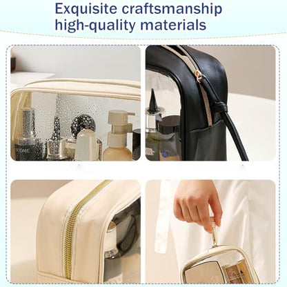 3-Piece Travel Makeup Bag Clear Waterproof Toiletry Bag Set Large, Medium Small Sizes Travel Toiletry Organizer Pouch Cosmetic Storage for Bathroom (Black)