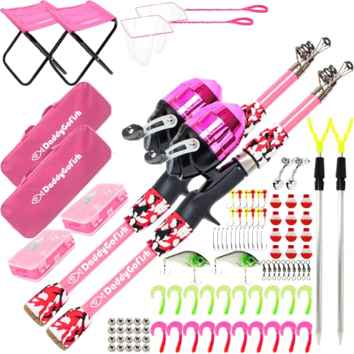 DaddyGoFish Kids Fishing Pole - Rod Reel Combo Tackle Box Starter Set - First Year Small Dock Gear Kit for Boys Girls Toddler Youth Age Beginner Little Children Junior Anglers - color: 2 Pack- Pink + Pink (Complete Set), size: 5ft