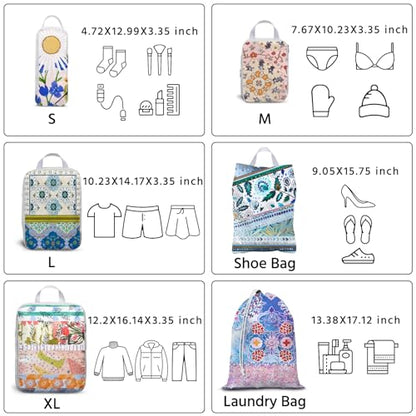 6 Pcs Compression Packing Cubes Waterproof Suitcase Travel Bag Luggage Backpack Organizer Travel Cubes for Packing-Pink and Green Bohemian - color: Green Bohemian