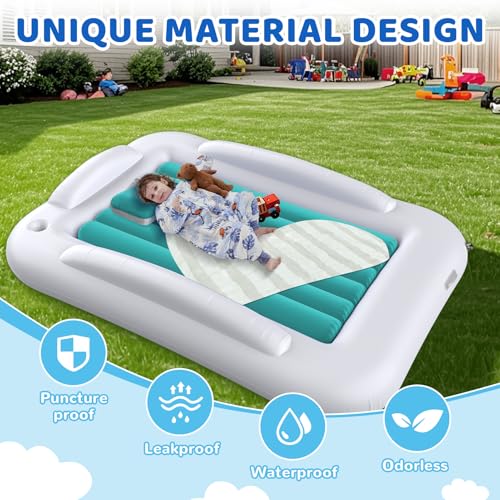 Inflatable Toddler Travel Bed - 60 Inches Portable Toddler Bed for Travel with Safety Sides - Cozy Kids Air Mattress Set with High-Speed Pump & Carry Case - Easy to Inflate(Teal Blue) - color: Teal Blue