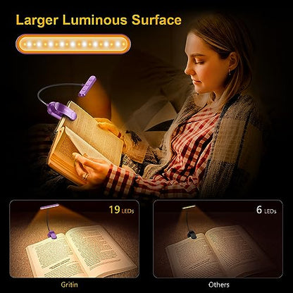 Gritin Rechargeable Book Light for Reading in Bed with 19 LED &Memory Function-Eye Caring 3 Color Temperatures,5 Brightness Levels,90 Hrs Runtime Flexible Goose Neck Clip on Light-Dark Purple - color: Dark Purple