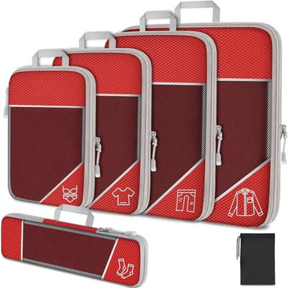 6Pcs Compression Packing Cubes Set, Waterproof Travel Luggage Organizer with Drawstring Bag, Lightweight Nylon Suitcase Storage Bags for Travel Camping Business Trip - color: Red