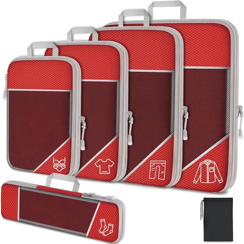 6Pcs Compression Packing Cubes Set, Waterproof Travel Luggage Organizer with Drawstring Bag, Lightweight Nylon Suitcase Storage Bags for Travel Camping Business Trip - color: Red