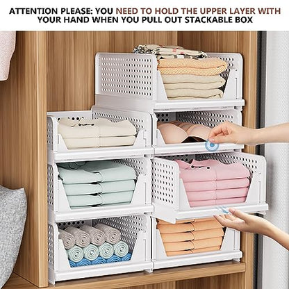 4 Pack Folding Closet Organizers Storage Box, Stackable Storage Bins, Plastic Drawer Basket Closet Storage for Wardrobe Cupboard Kitchen Bathroom Office White-4L - size: 4 PACK-L