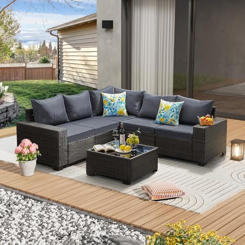 JOYURE 6 Pieces Patio Furniture Set All-Weather Outdoor Wicker Sectional Conversation Sofa Rattan Patio Seating Sofa with Cushion and Glass Table for Porch Poolside,Grey - color: Grey, size: 6 pieces set