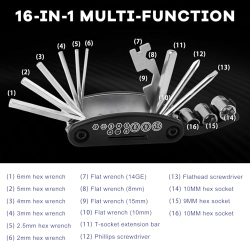 16-in-1 Motorcycle Bike Repair Tool, Foldable Bicycle Maintenance Tool with Screwdriver & Hex Wrenches, Portable Multitool Maintenance Set for Motorcycle Mountain Bike Scooter