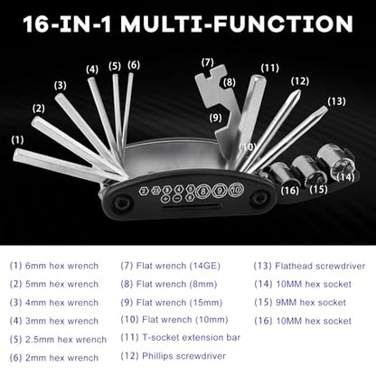 16-in-1 Motorcycle Bike Repair Tool, Foldable Bicycle Maintenance Tool with Screwdriver & Hex Wrenches, Portable Multitool Maintenance Set for Motorcycle Mountain Bike Scooter