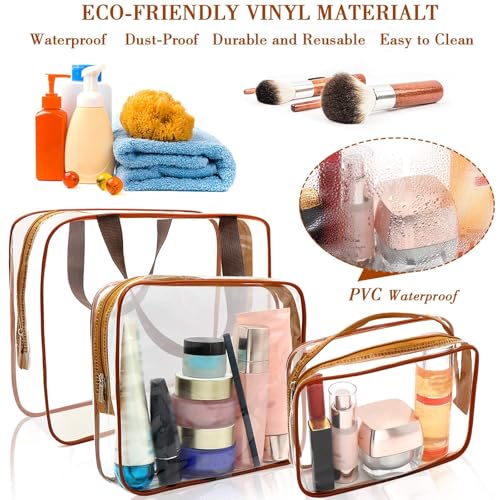 APREUTY Clear Makeup Bags, TSA Approved 6Pcs Cosmetic Makeup Bags Set Clear PVC w/Zipper Handle Portable Travel Luggage Pouch Airport Airline Bags Bathroom (Coffee) - color: Coffee-6PCS(Large+Medium+Small)