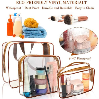 APREUTY Clear Makeup Bags, TSA Approved 6Pcs Cosmetic Makeup Bags Set Clear PVC w/Zipper Handle Portable Travel Luggage Pouch Airport Airline Bags Bathroom (Coffee) - color: Coffee-6PCS(Large+Medium+Small)