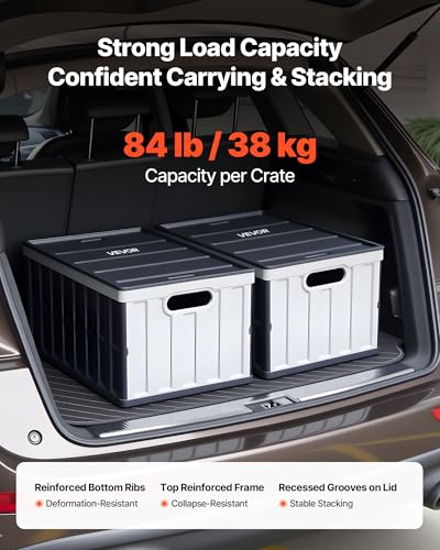VEVOR Plastic Collapsible Storage Bins with Lids, 65L 2 Packs, Stackable Folding Storage Crates with Handles, Holds 84 lbs Per Bin, Heavy Duty Containers, Space-Saving Baskets, for Home Organizing