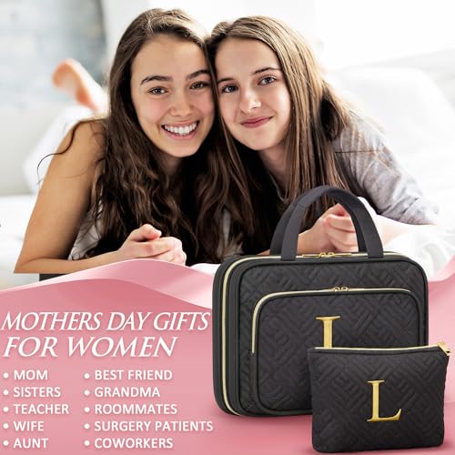 Gifts for Women, Initial Toiletry Makeup Bag Hanging Cosmetic Organizer with Embroidery Letter Personalized Nurse Teacher Appreciation Birthday Mothers Day Gifts for Mom Sister Wife Friends Auntie Her - style: L