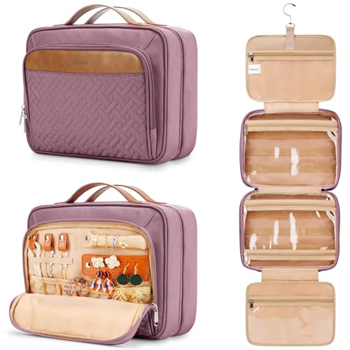 Travel Hanging Toiletry Bag for Women, with Jewelry Organizer Compartment, Medium Waterproof Hanging Makeup Accessories, Cosmetic Essentials, Toiletries Dopp Kit Set with Trolley Belt, Dark Purple - color: Dark Purple, size: Medium