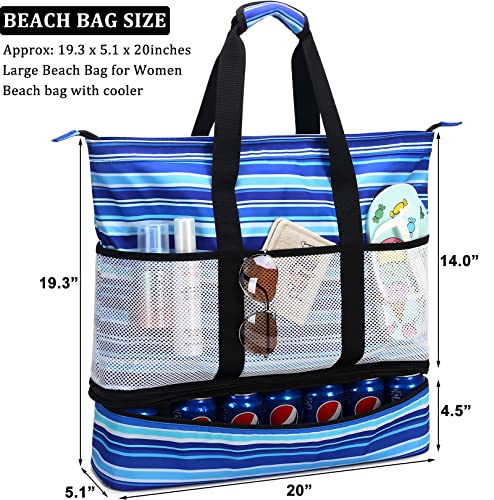 JIANYA Beach Bag Women Waterproof Sandproof Beach Tote Bags with Cooler Top Zipper Large Totes for Pool Travel Daily - color: Small Stripes Pink