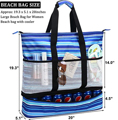 JIANYA Beach Bag Women Waterproof Sandproof Beach Tote Bags with Cooler Top Zipper Large Totes for Pool Travel Daily - color: Small Stripes Pink