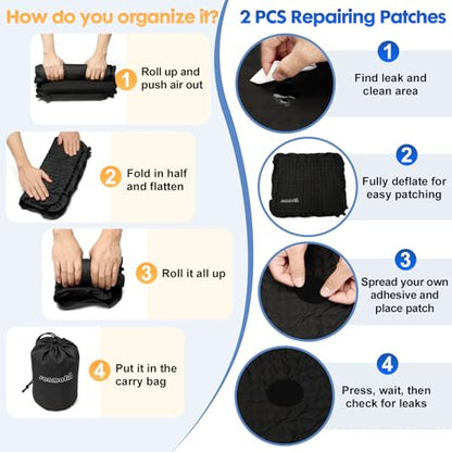 Inflatable Seat Cushion,Self-Inflating Foam Stadium Seat Cushion, Airplane Seat Cushion,Protable Seat Pad for Camping, Backpacking,Sports Events,Traveling,Bleacher (1, Black) - color: Black
