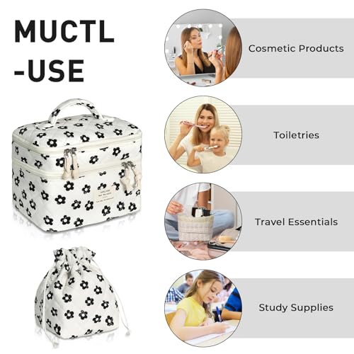 Gosect Makeup Bag, Quilted Cosmetic Bag Set, Drawstring Makeup Bag with Canvas Lining, Large Floral Toiletry Bag for Women Girls, Cute Cotton Flower Travel Organizer Bag (Black Flower - color: Black Pattern