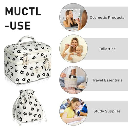 Gosect Makeup Bag, Quilted Cosmetic Bag Set, Drawstring Makeup Bag with Canvas Lining, Large Floral Toiletry Bag for Women Girls, Cute Cotton Flower Travel Organizer Bag (Black Flower - color: Black Pattern