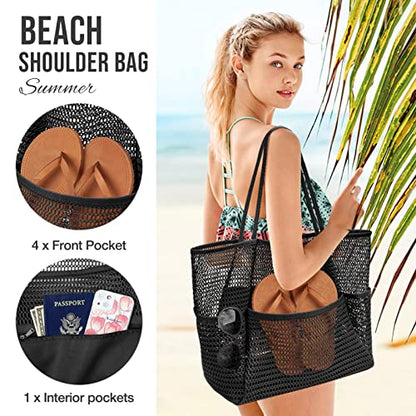 KPX Beach Bag with Mini Pocket, Summer Beach Tote Bags for Women Large Foldable Mesh Swimming Pool Travel Bags - Sandproof - color: Black