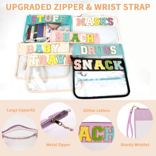 Iqimott Monogram Clear Letter Beach Bag Flat Pouch, Chenille Glitter Letter Patch Makeup Cosmetic Bag Zipper Toiletry Pouch, Portable Travel Beach Snack Wristlet Bags for Women Girls(Beach, Purple) - color: Beach-Purple