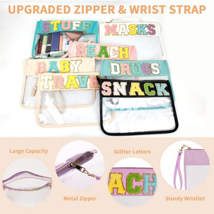 Iqimott Monogram Clear Letter Beach Bag Flat Pouch, Chenille Glitter Letter Patch Makeup Cosmetic Bag Zipper Toiletry Pouch, Portable Travel Beach Snack Wristlet Bags for Women Girls(Beach, Purple) - color: Beach-Purple