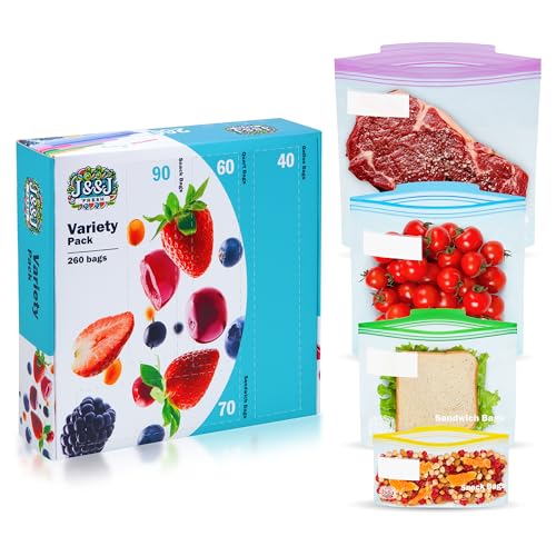 Reusable Food Storage Bags – 260 Pack Variety Pack (Snack, Sandwich, Quart, Gallon) – BPA-Free, Leakproof Zipper Bags with Expandable Bottom – Freezer Bags Safe, Kitchen & Pantry Organizer